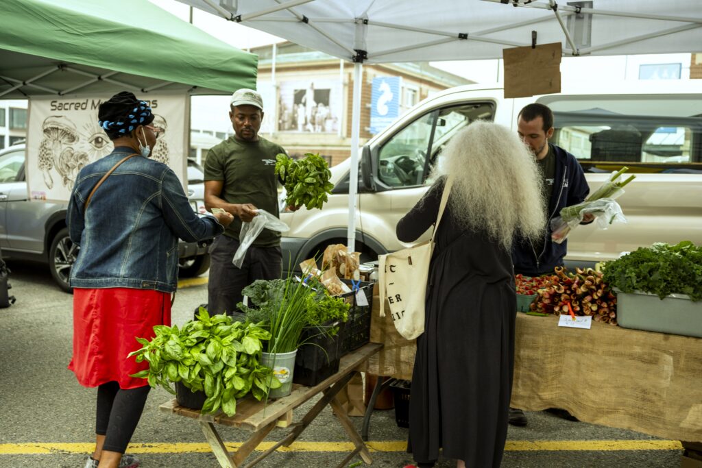 Customers and vendors at a farmers market